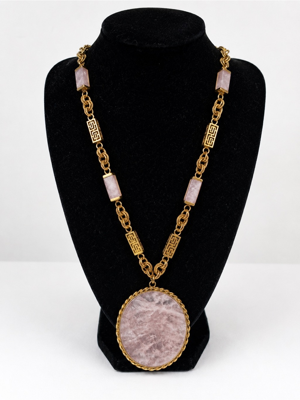 Vintage 1970s Rose Quartz Necklace Greek Key Gold Tone Statement Pendant